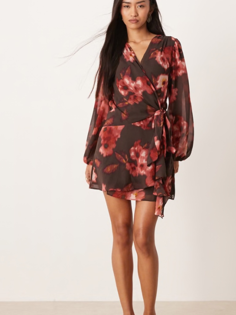 Autumn Abercrombie & Fitch long sleeve wrap mini dress brown floral Med Petite